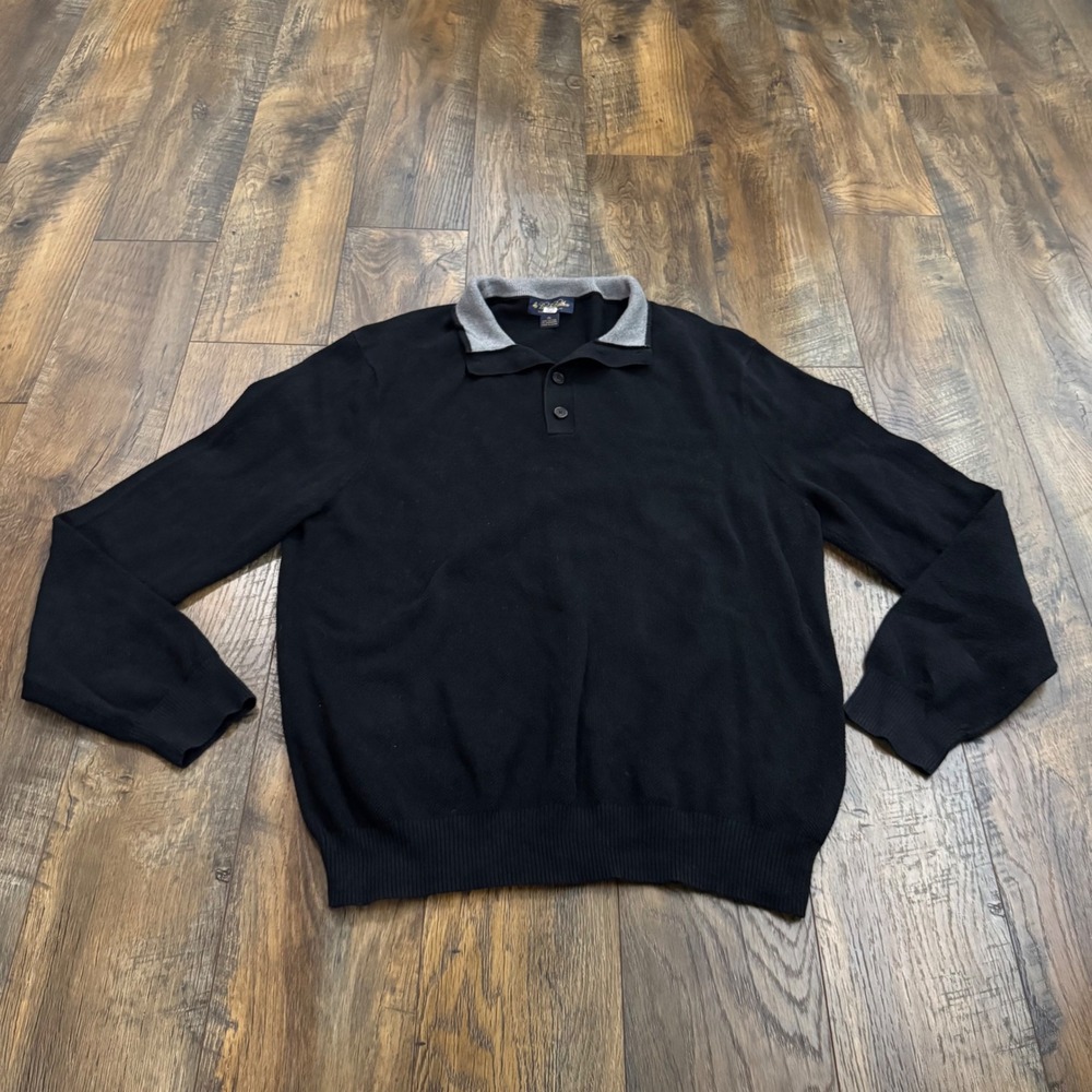 Brooks Brothers Mens XL Black Cotton Cashmere Long Sleeve Polo Sweater Collar